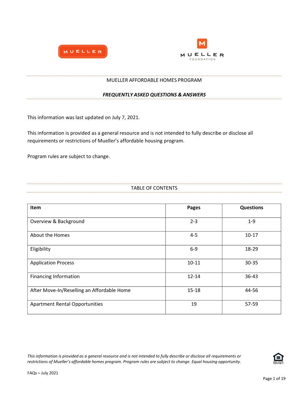 Mueller Affordable Homes Program Frequently Asked