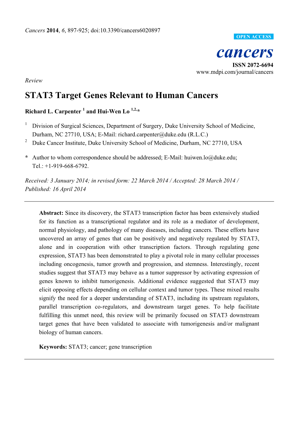 STAT3 Target Genes Relevant to Human Cancers