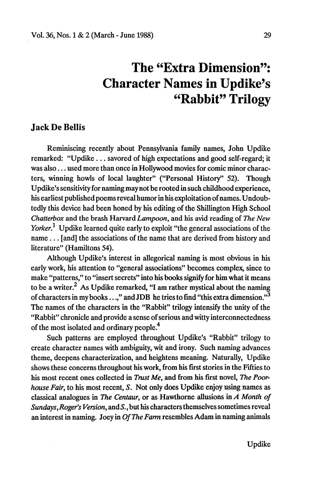 The Â•Œextra Dimensionâ•Š: Character Names in Updike's Â•Œrabbitâ•Š Trilogy