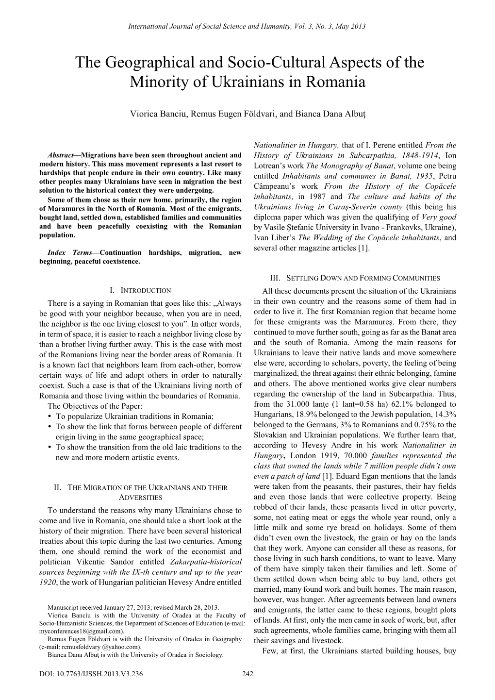 The Geographical and Socio-Cultural Aspects of the Minority of Ukrainians in Romania