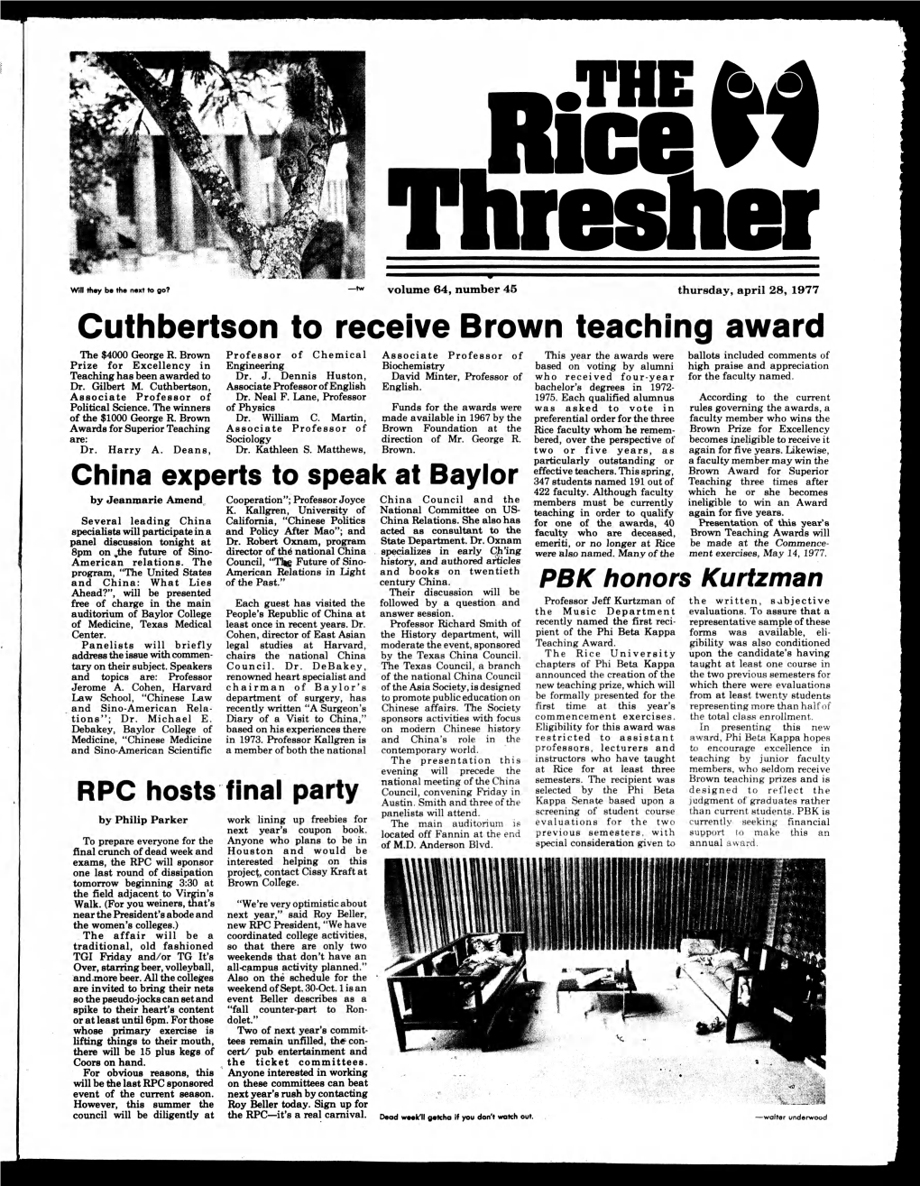 Cuthbertson to Receive Brown Teaching Award the $4000 George R