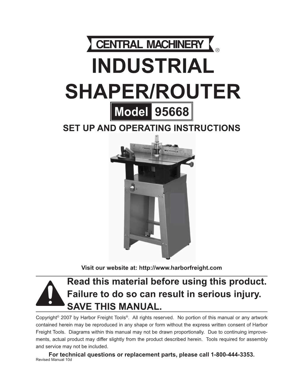 INDUSTRIAL SHAPER/ROUTER Model 95668 Set up and Operating Instructions