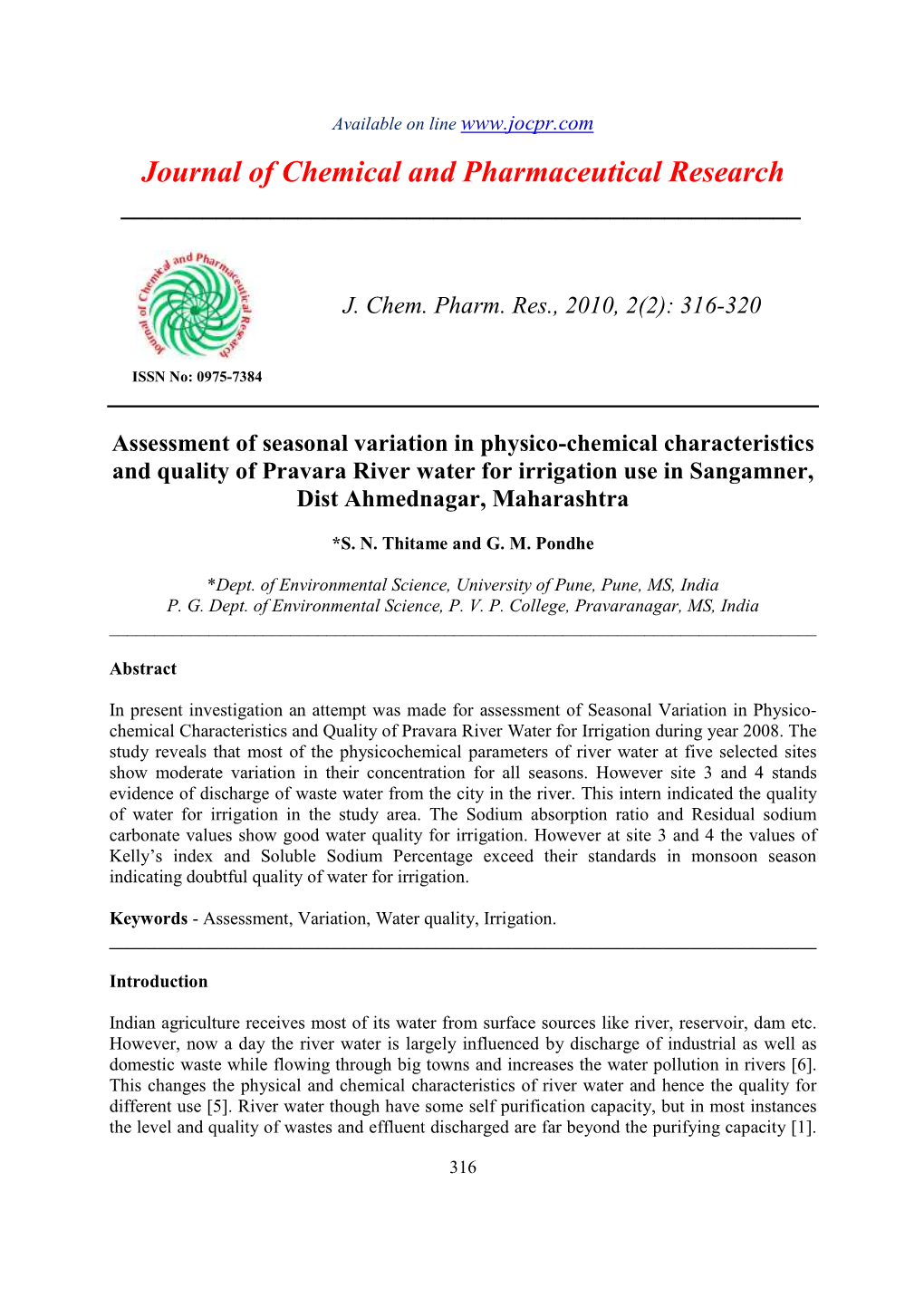 Assessment of Seasonal Variation in Physico-Chemical Characteristics and Quality of Pravara River Water for Irrigation Use in Sangamner, Dist Ahmednagar, Maharashtra