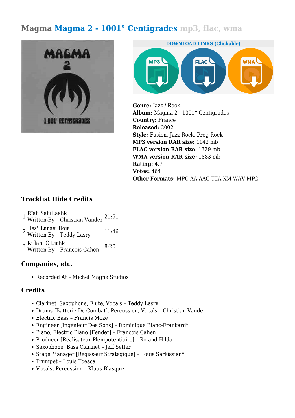 Magma Magma 2 - 1001° Centigrades Mp3, Flac, Wma