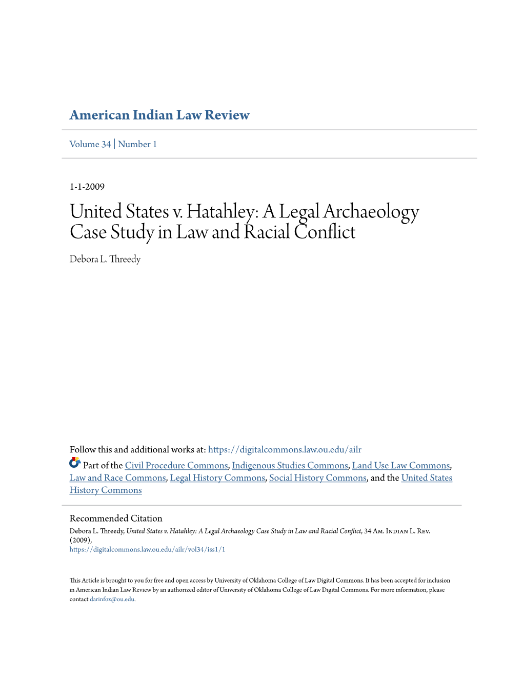 United States V. Hatahley: a Legal Archaeology Case Study in Law and Racial Conflict Debora L