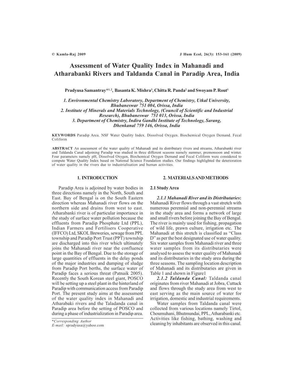 Assessment of Water Quality Index in Mahanadi and Atharabanki Rivers and Taldanda Canal in Paradip Area, India