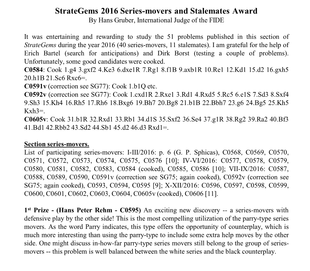 2016 Series-Movers and Stalemates Award 2Nd Prize - (George P