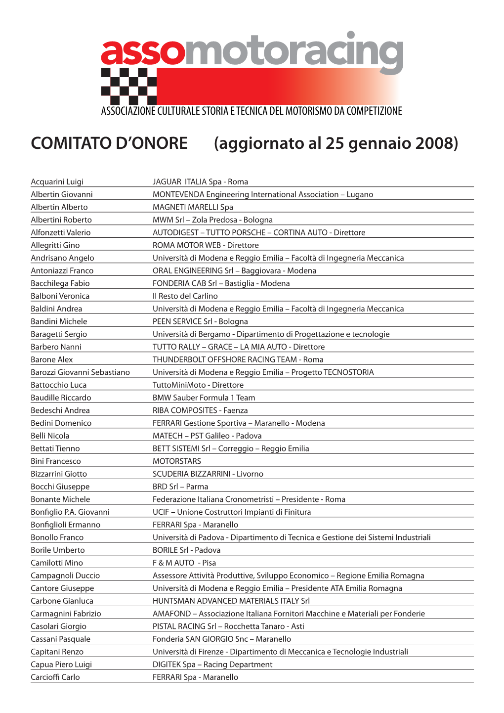 COMITATO D'onore (Aggiornato Al 25 Gennaio 2008)