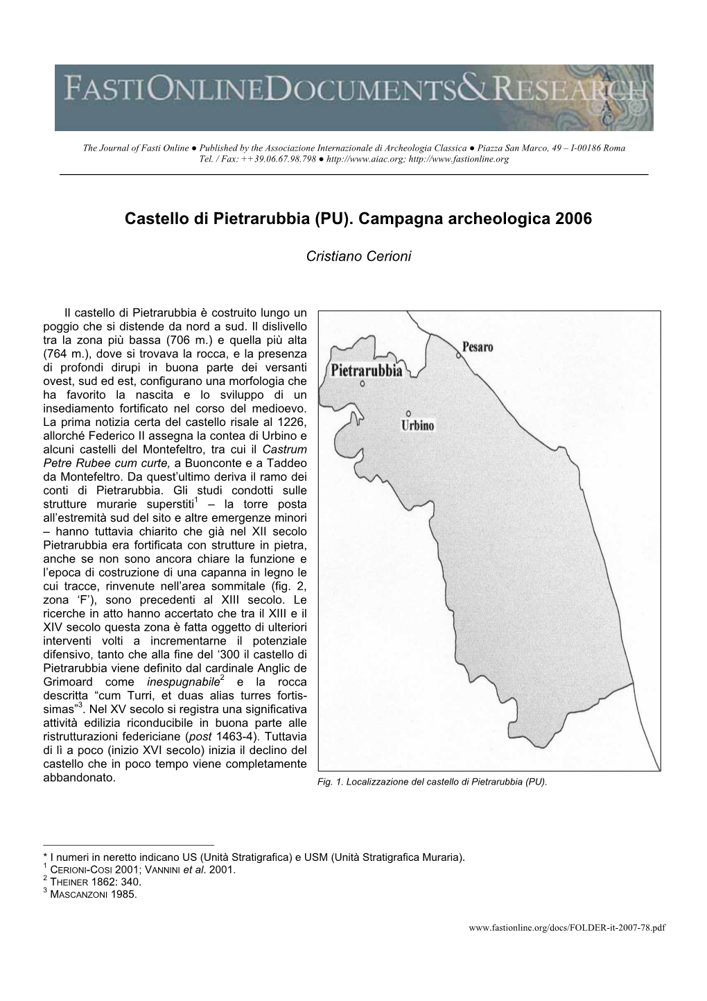 Castello Di Pietrarubbia (PU). Campagna Archeologica 2006