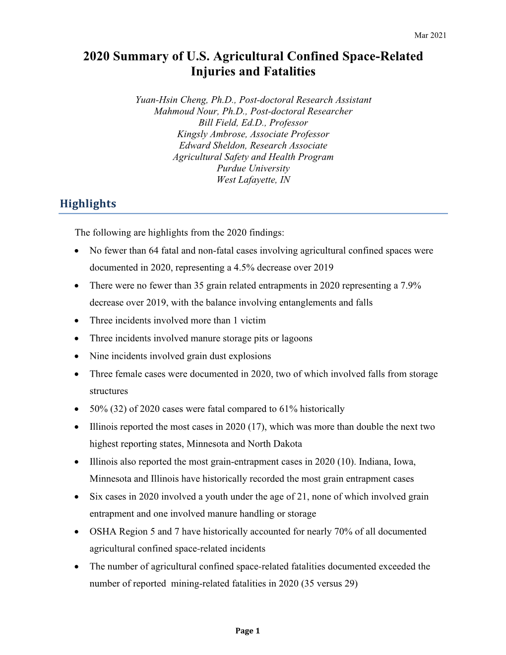 2020 Summary of U.S. Agricultural and Confined-Space Related