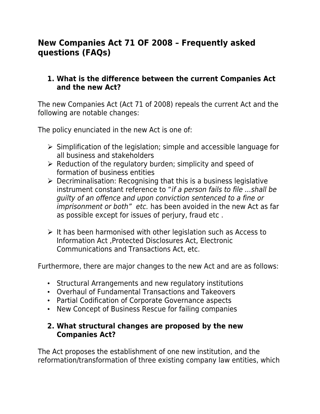 New Companies Act 71 of 2008 Frequently Asked Questions (Faqs)