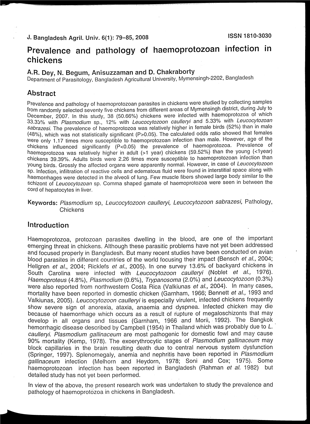 Prevalence and Pathology of Haemoprotozoan Infection in Chickens A.R