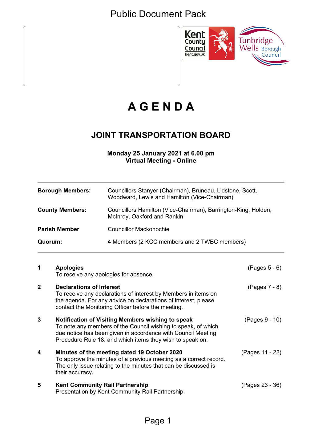 (Public Pack)Agenda Document for Joint Transportation Board, 25/01/2021 18:00