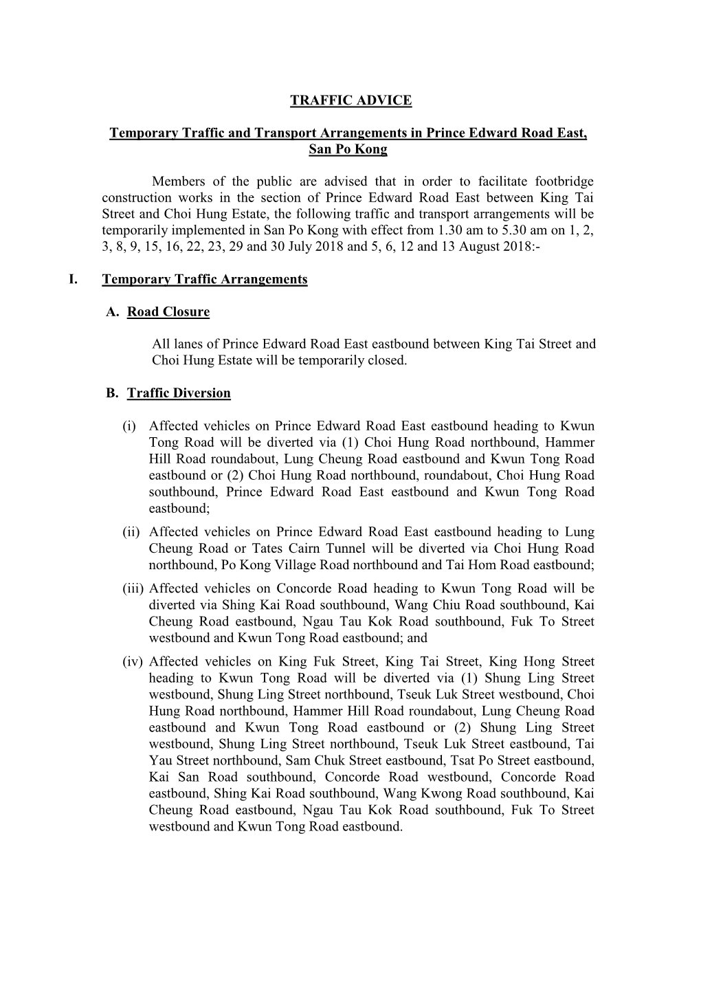 Temporary Traffic and Transport Arrangements in Prince Edward Road East, San Po Kong