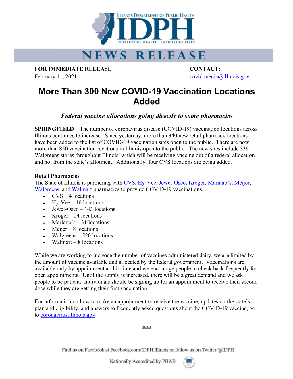 More Than 300 New COVID-19 Vaccination Locations Added Federal Vaccine Allocations Going Directly to Some Pharmacies