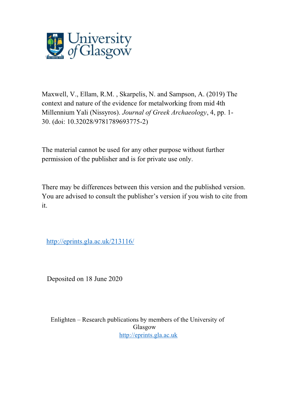 2019) the Context and Nature of the Evidence for Metalworking from Mid 4Th Millennium Yali (Nissyros