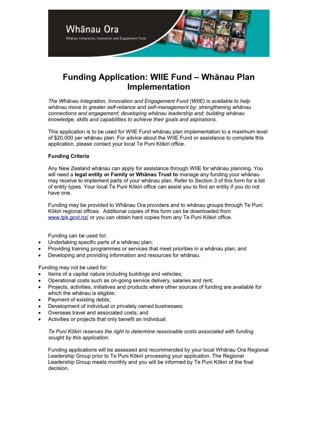 Funding Application: WIIE Fund - Whanau Plan Implementation