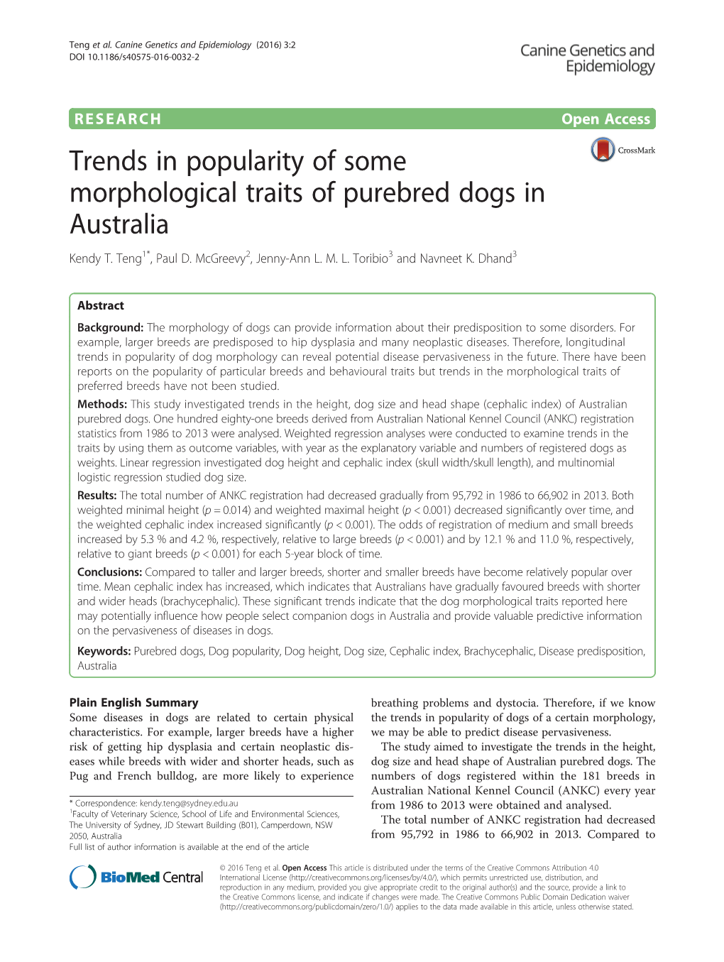 Trends in Popularity of Some Morphological Traits of Purebred Dogs in Australia Kendy T