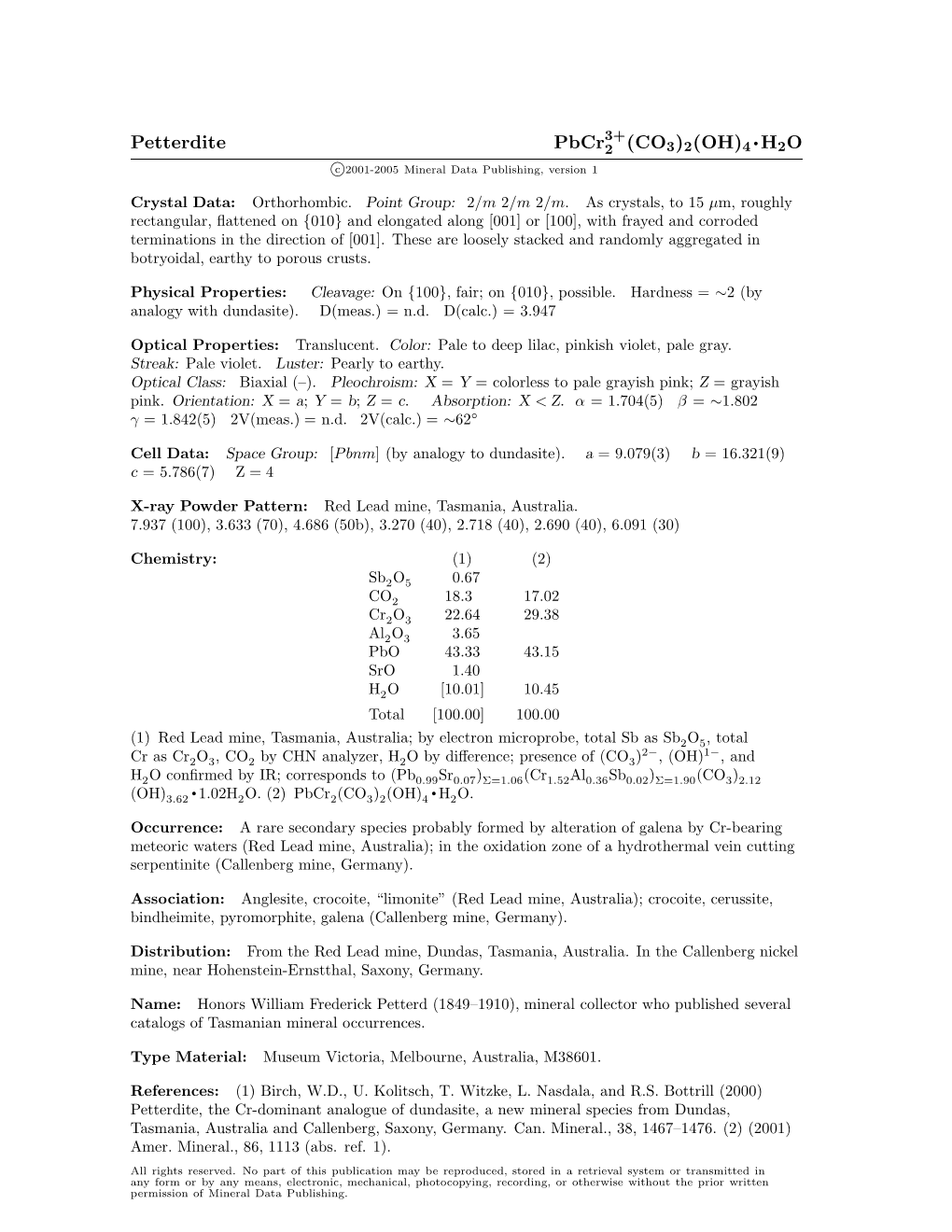 Petterdite Pbcr2 (CO3)2(OH)4 H2O C 2001-2005 Mineral Data Publishing, Version 1