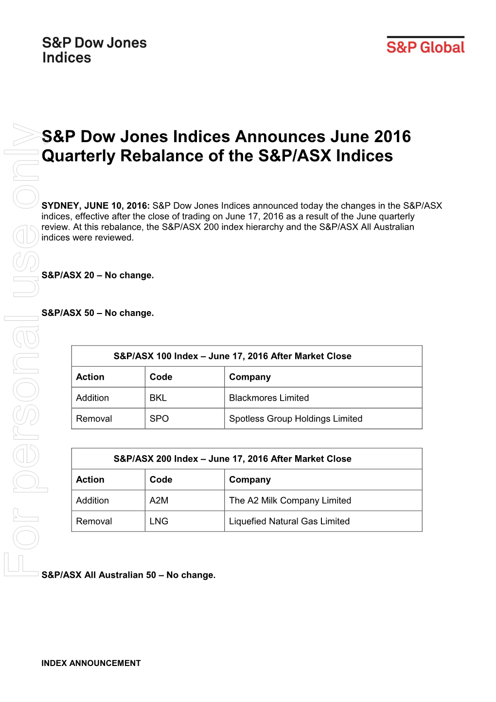 S&P Dow Jones Indices Announces June 2016 Quarterly