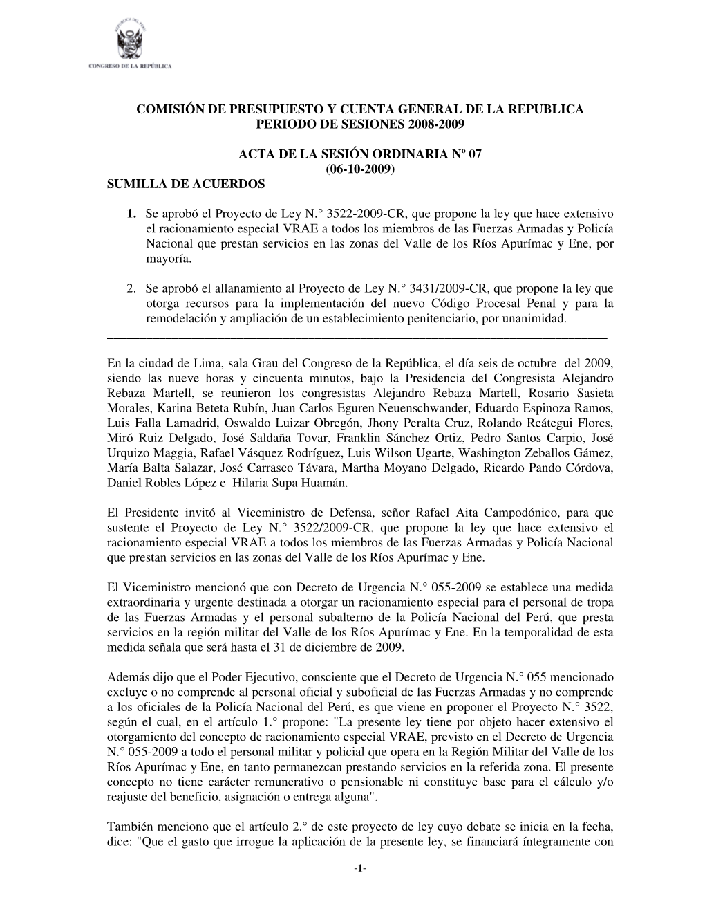 Comisión De Presupuesto Y Cuenta General De La Republica Periodo De Sesiones 2008-2009