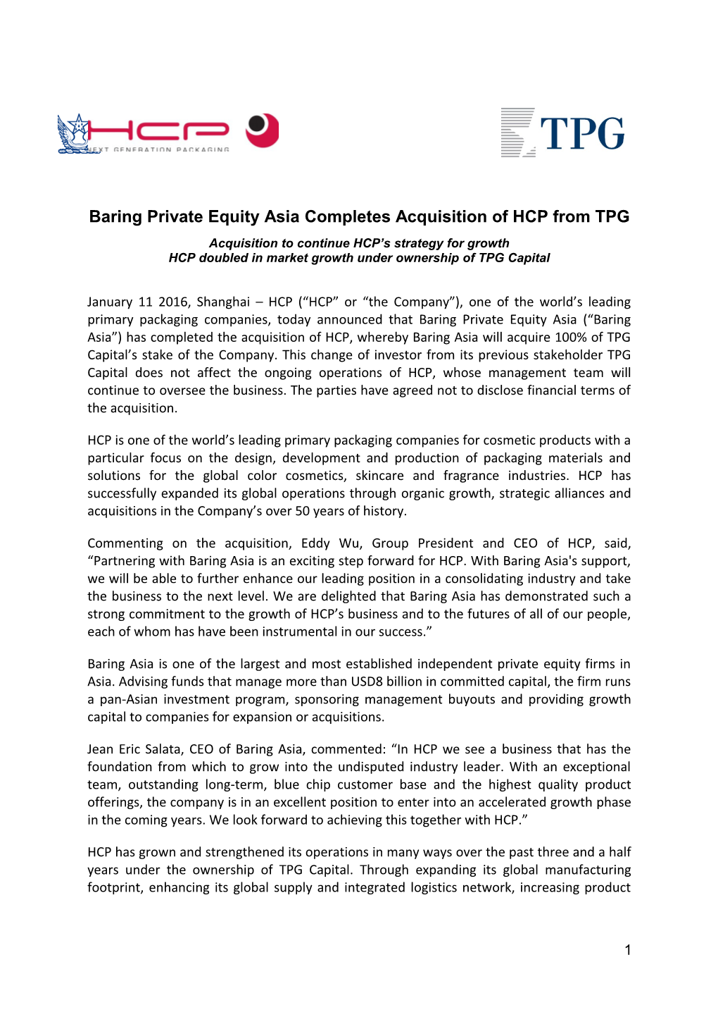 Baring Private Equity Asia Completes Acquisition of HCP from TPG