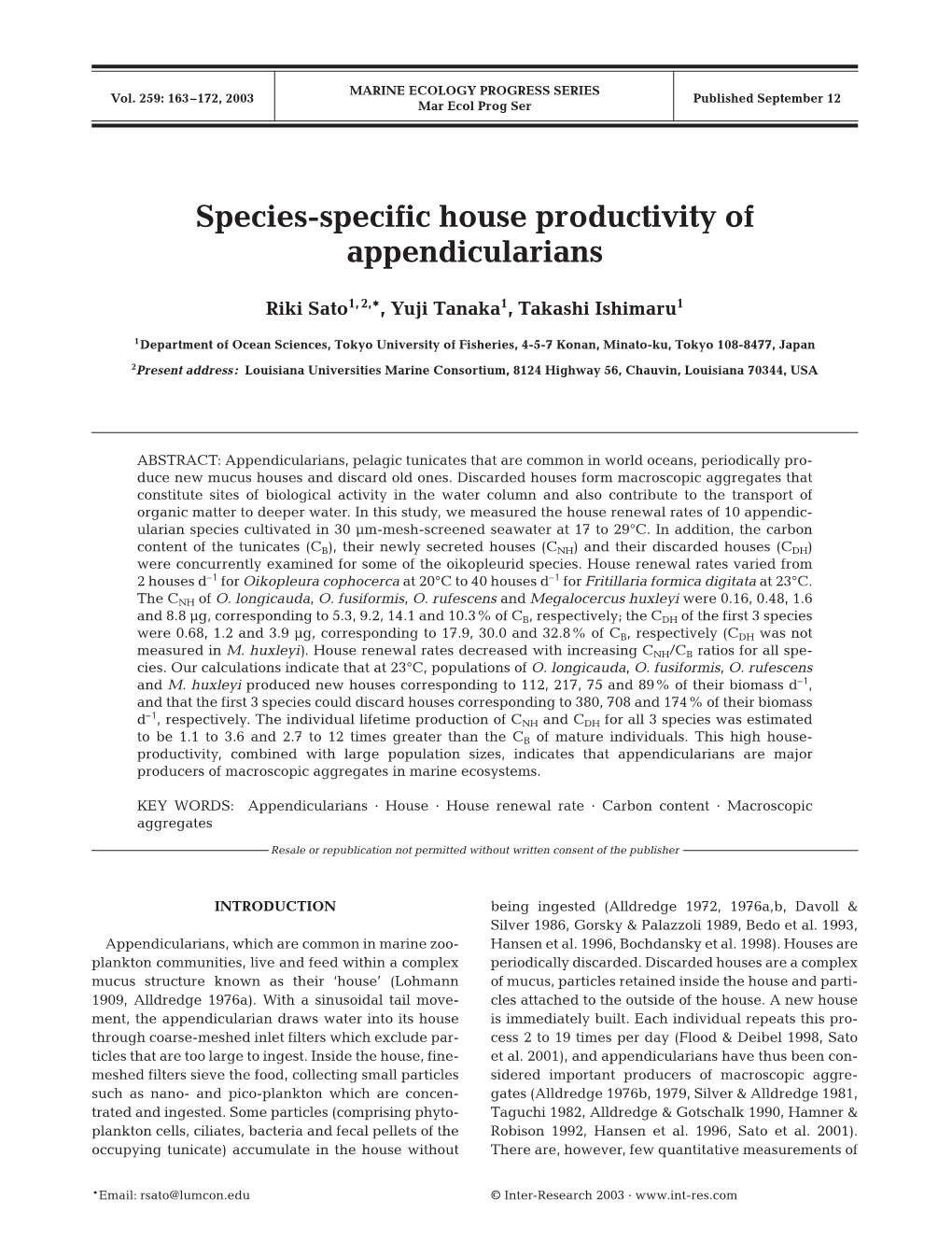 Species-Specific House Productivity of Appendicularians