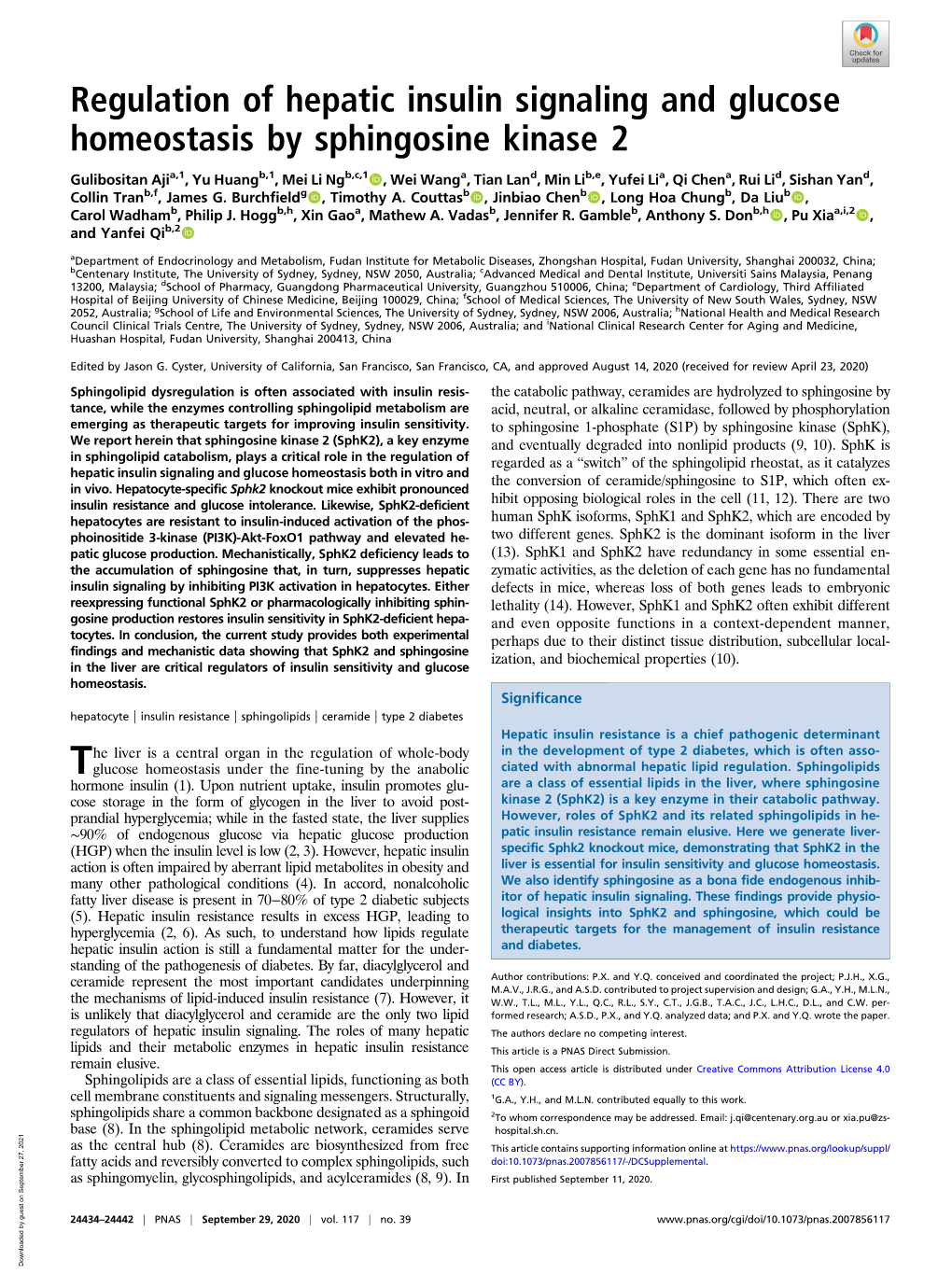 Regulation of Hepatic Insulin Signaling and Glucose Homeostasis by Sphingosine Kinase 2