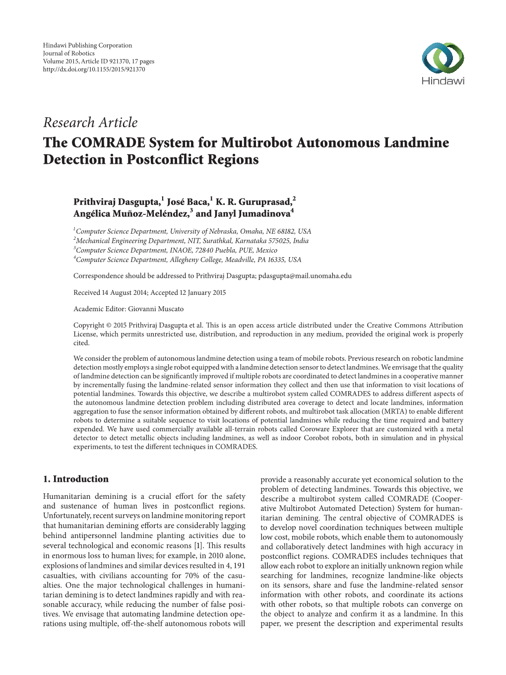 Research Article the COMRADE System for Multirobot Autonomous Landmine Detection in Postconflict Regions