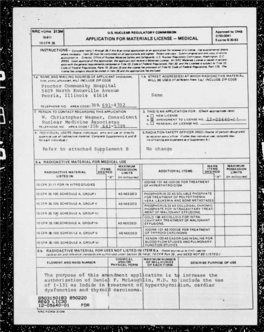 Application for Amend to License 12-05640-01,Authorizing DF