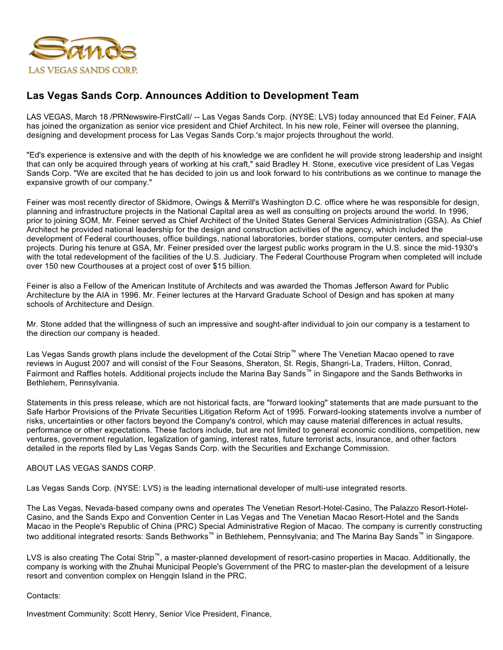 Las Vegas Sands Corp. Announces Addition to Development Team