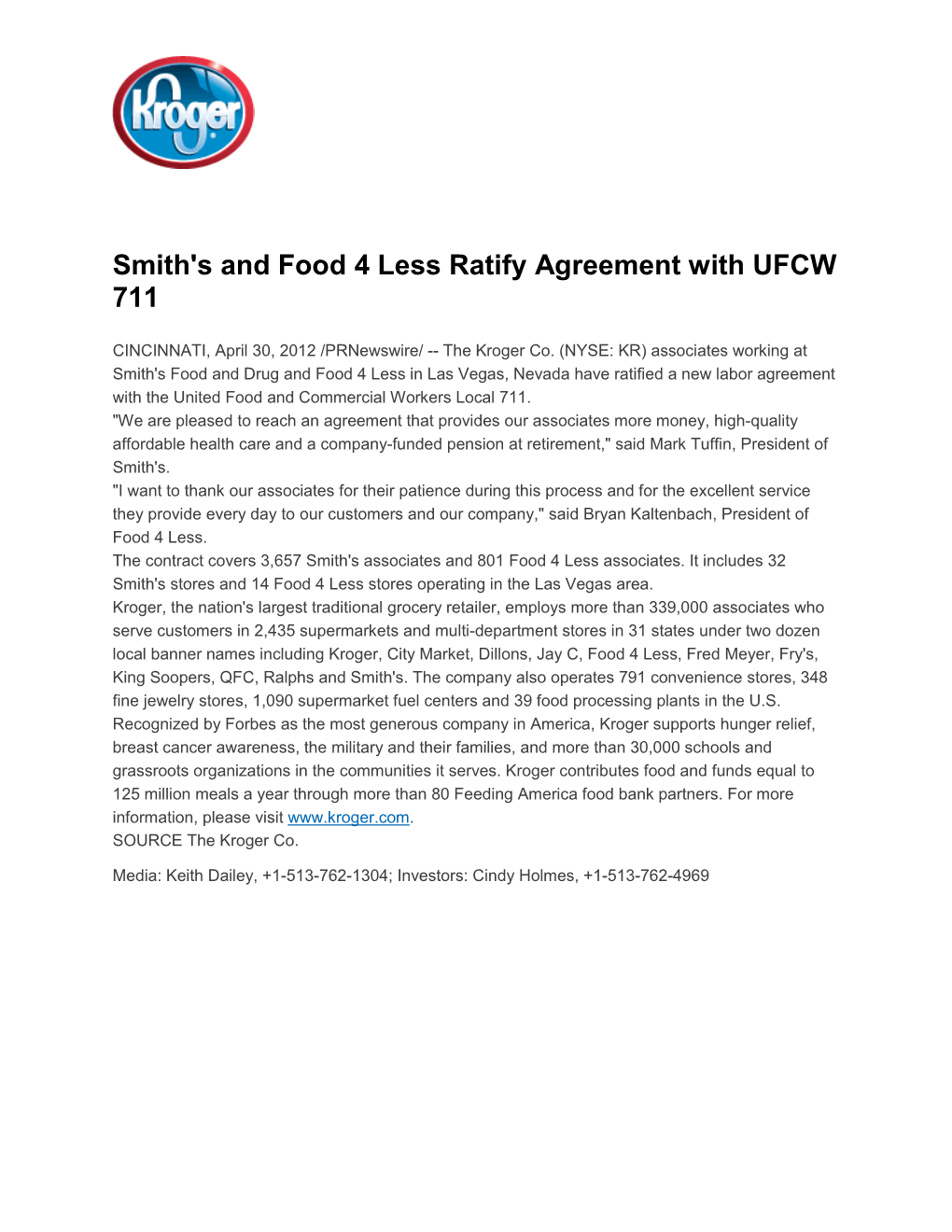 Smith's and Food 4 Less Ratify Agreement with UFCW 711