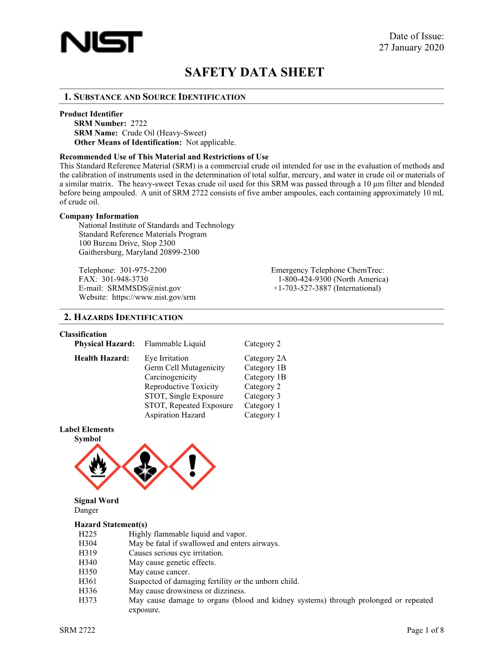 MSDS@Nist.Gov +1-703-527-3887 (International) Website