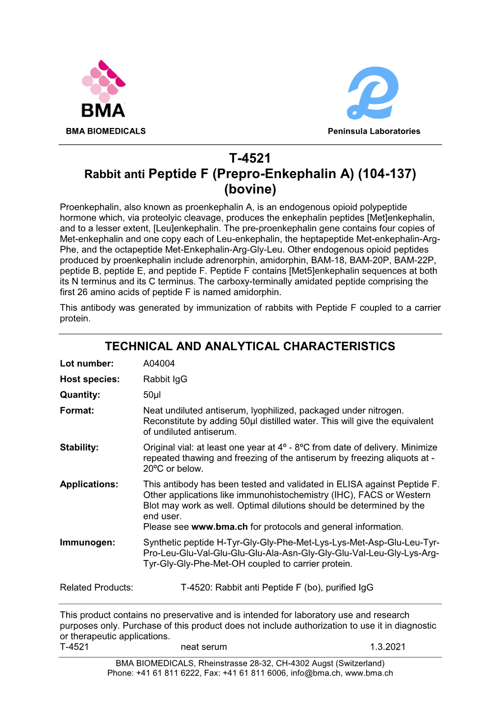 BMA BIOMEDICALS Peninsula Laboratories