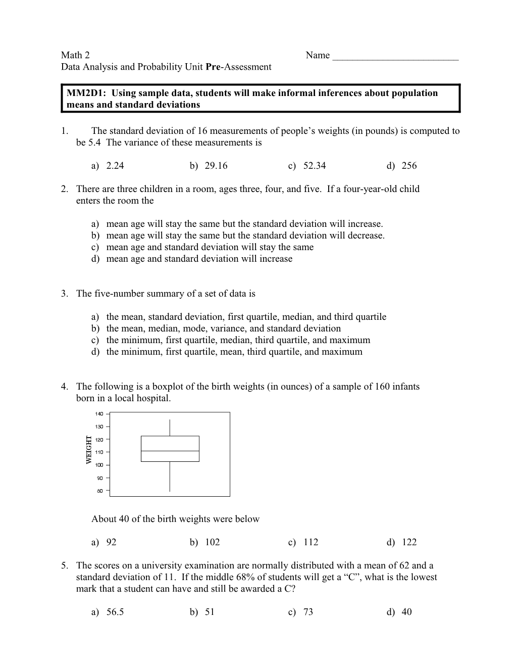 Data Analysis and Probability Unit Pre-Assessment