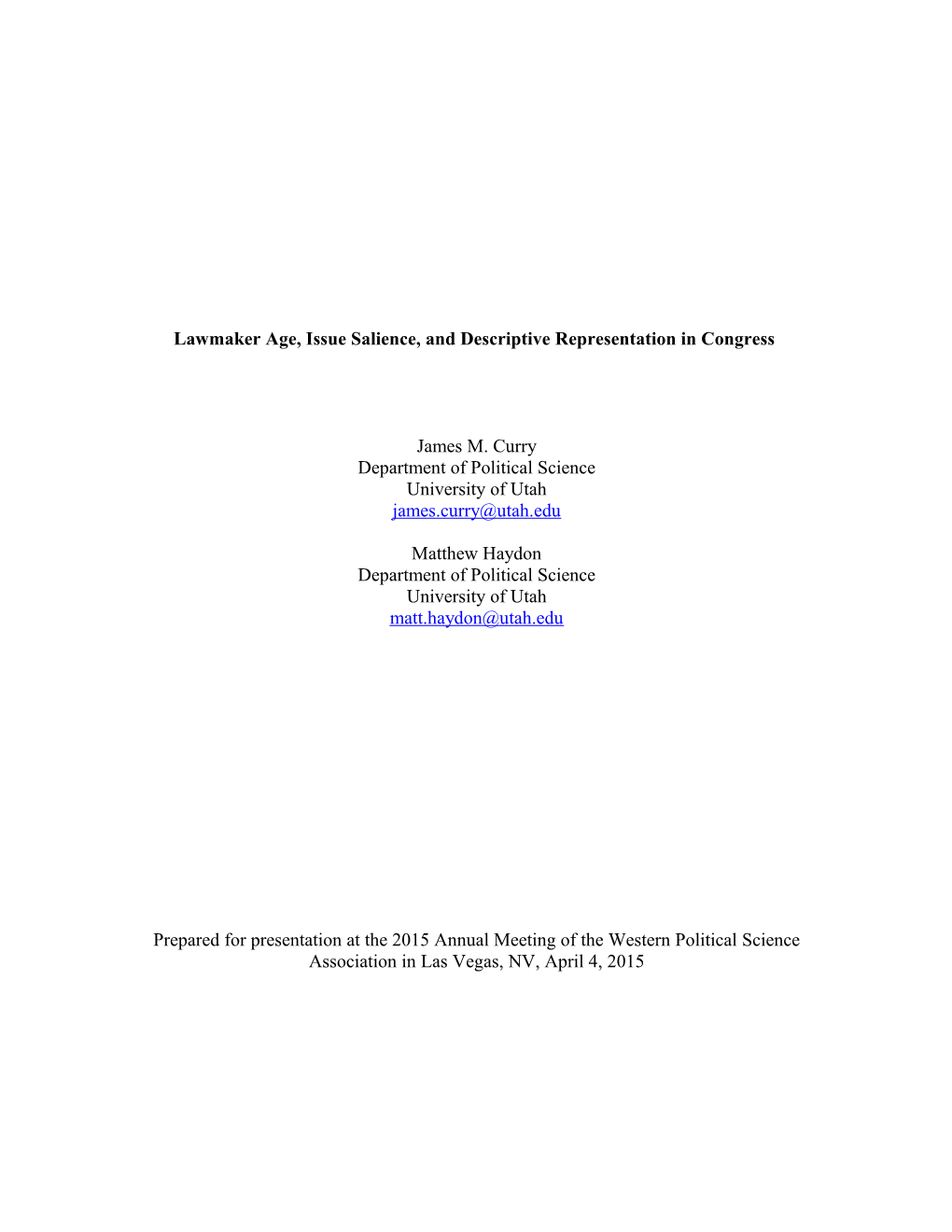 Lawmaker Age, Issue Salience, and Descriptive Representation in Congress