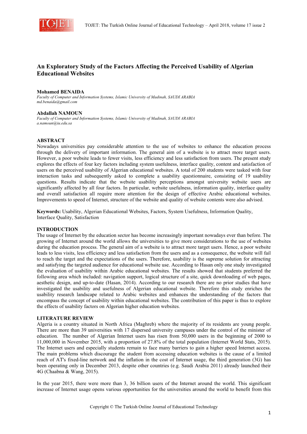 An Exploratory Study of the Factors Affecting the Perceived Usability of Algerian Educational Websites