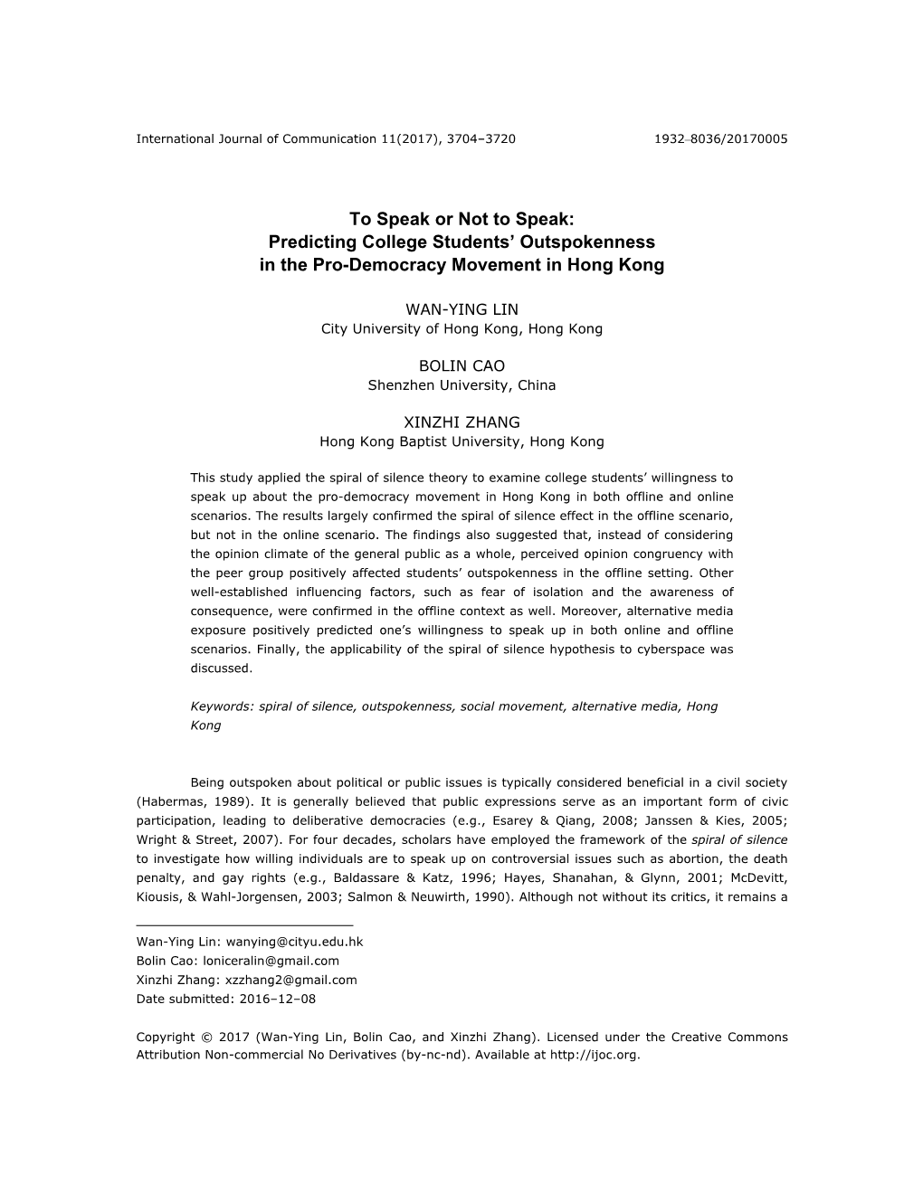 To Speak Or Not to Speak: Predicting College Students’ Outspokenness in the Pro-Democracy Movement in Hong Kong