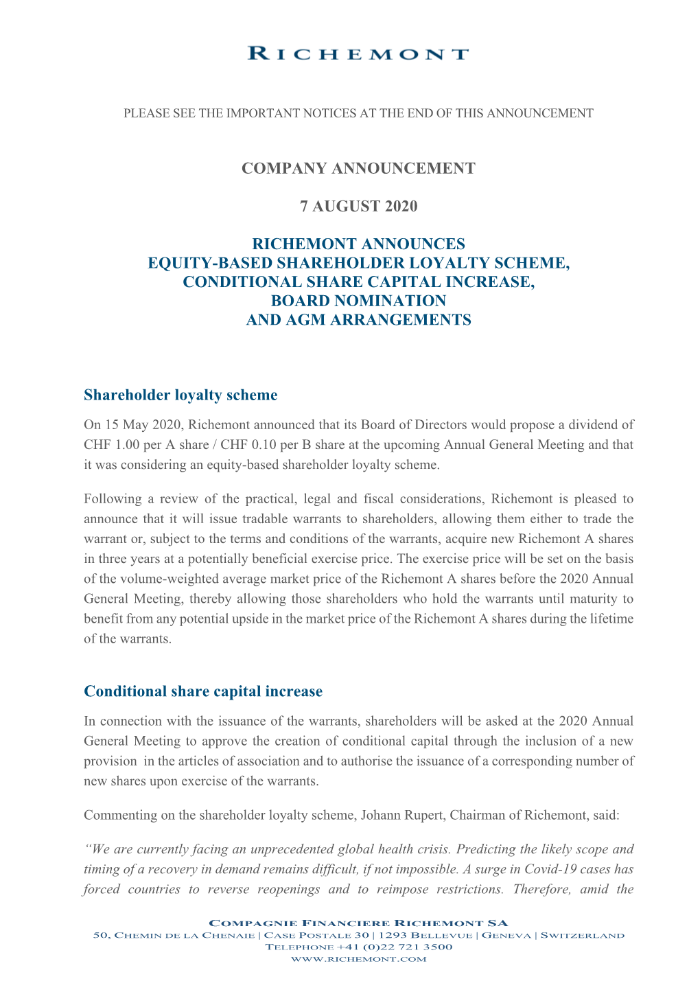 Company Announcement Dated 7 August 2020