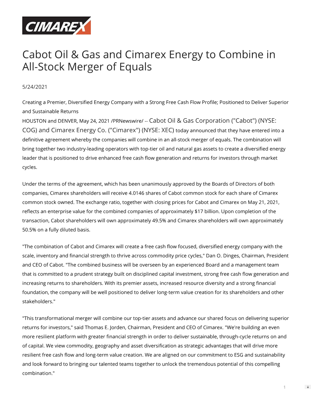 Cabot Oil & Gas and Cimarex Energy to Combine in All-Stock Merger Of