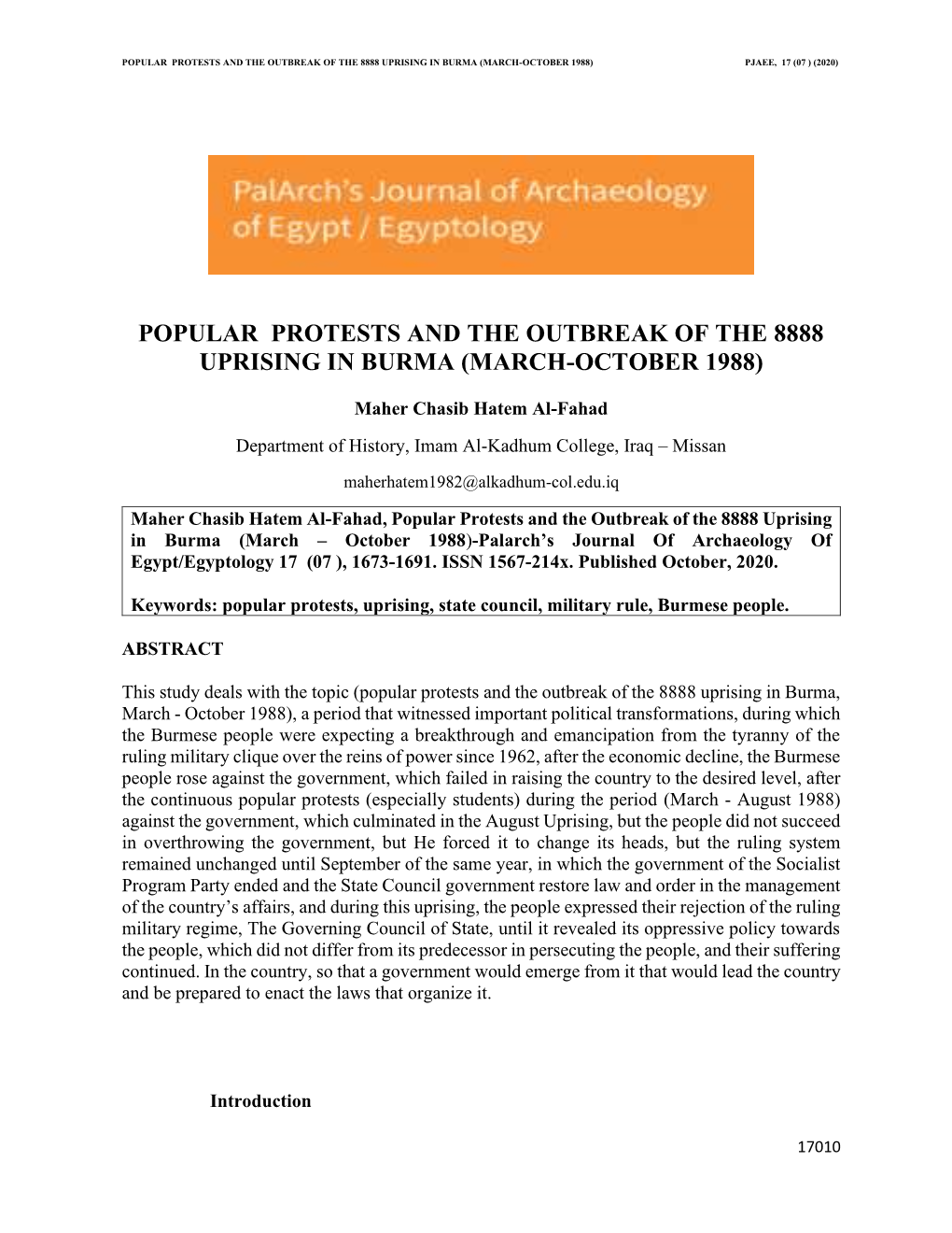 Popular Protests and the Outbreak of the 8888 Uprising in Burma (March-October 1988) Pjaee, 17 (07 ) (2020)