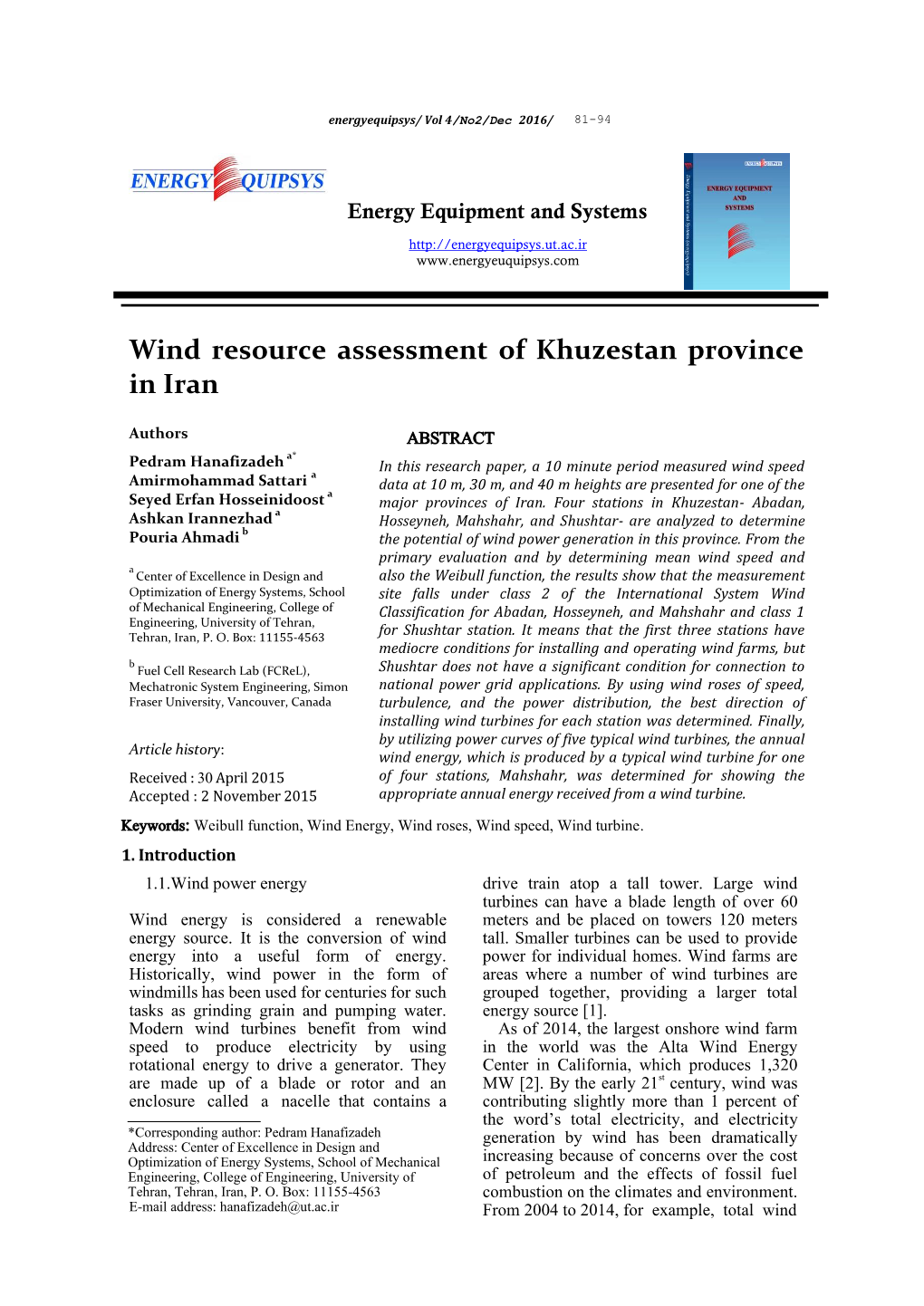 Wind Resource Assessment of Khuzestan Province in Iran