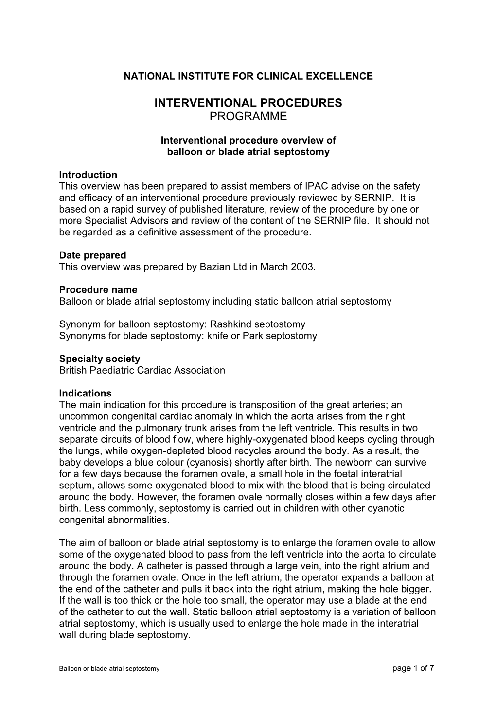 Overview of Endovascular Atrial Septostomy PDF 164 KB