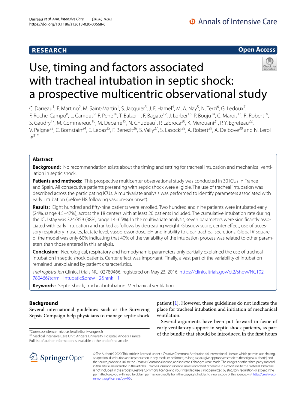 Use, Timing and Factors Associated with Tracheal Intubation in Septic Shock: a Prospective Multicentric Observational Study C