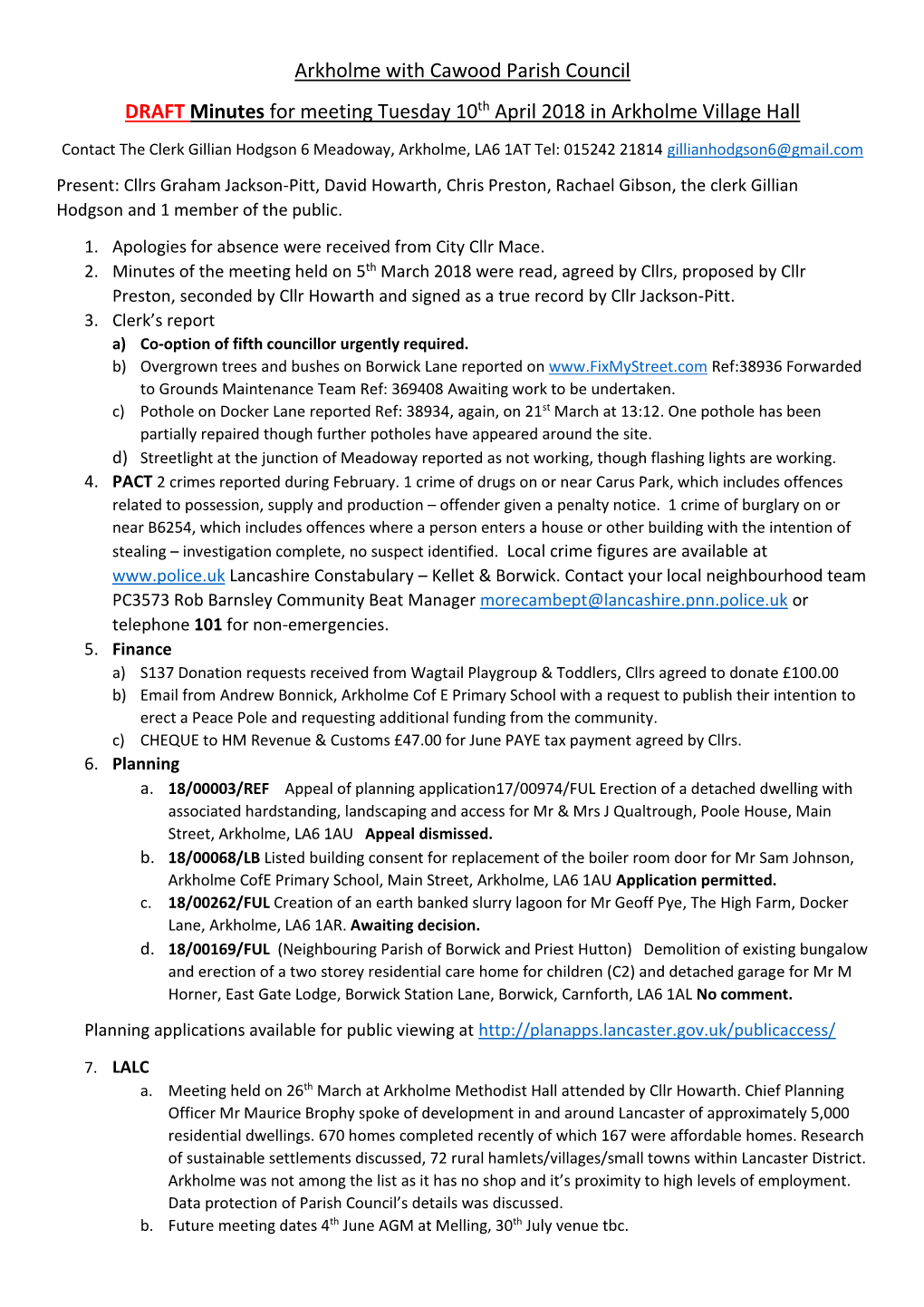 Arkholme with Cawood Draft Minutes 10Th April 2018