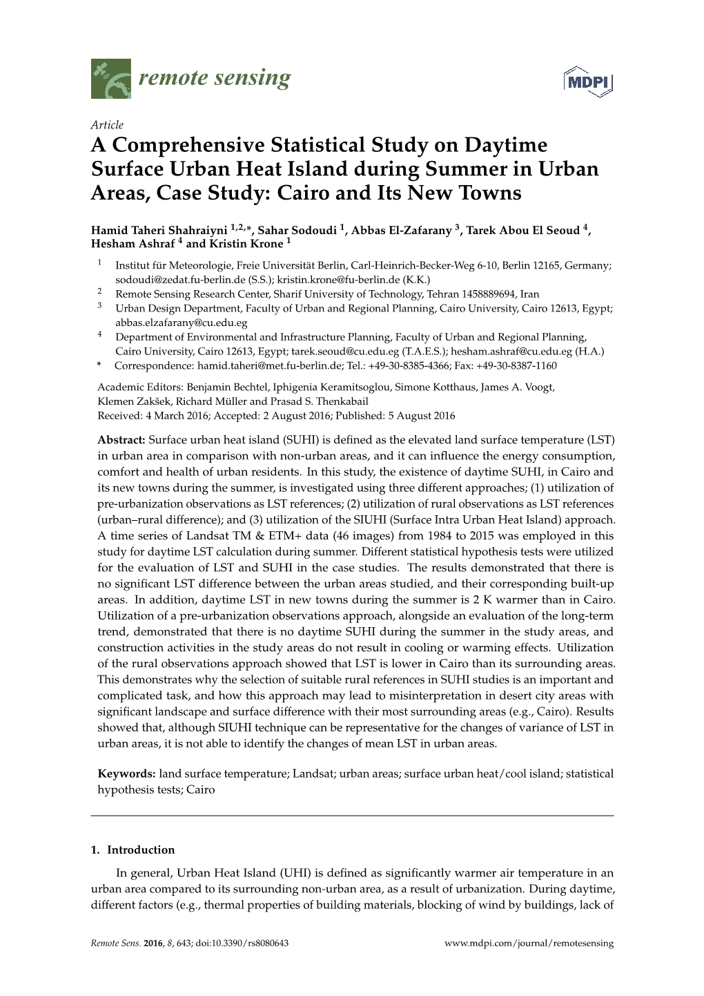 A Comprehensive Statistical Study on Daytime Surface Urban Heat Island During Summer in Urban Areas, Case Study: Cairo and Its New Towns