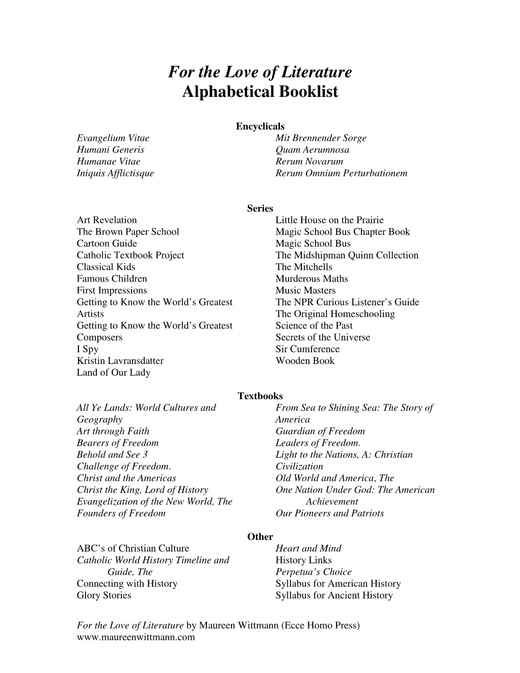 For the Love of Literature Alphabetical Booklist