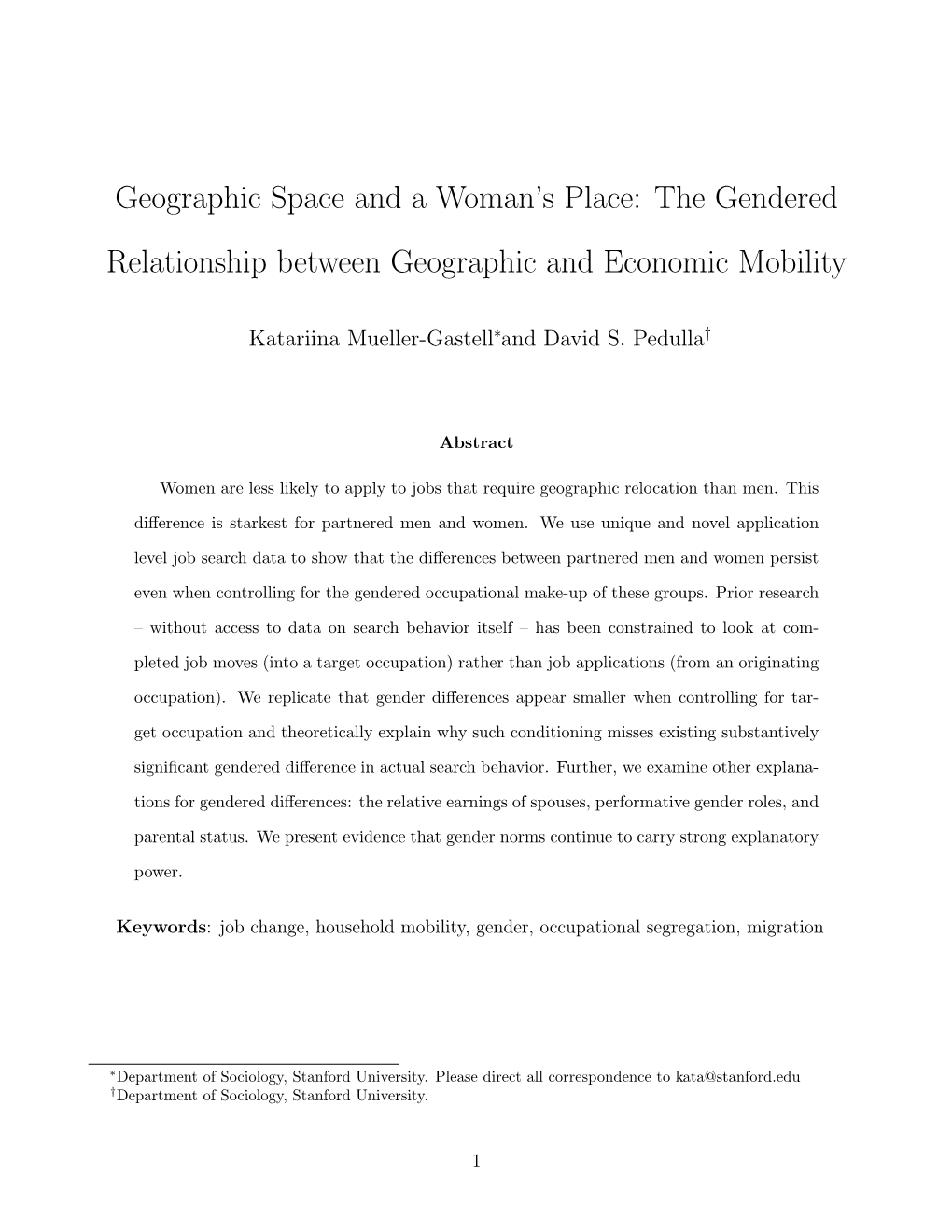 Geographic Space and a Woman's Place: the Gendered Relationship Between Geographic and Economic Mobility