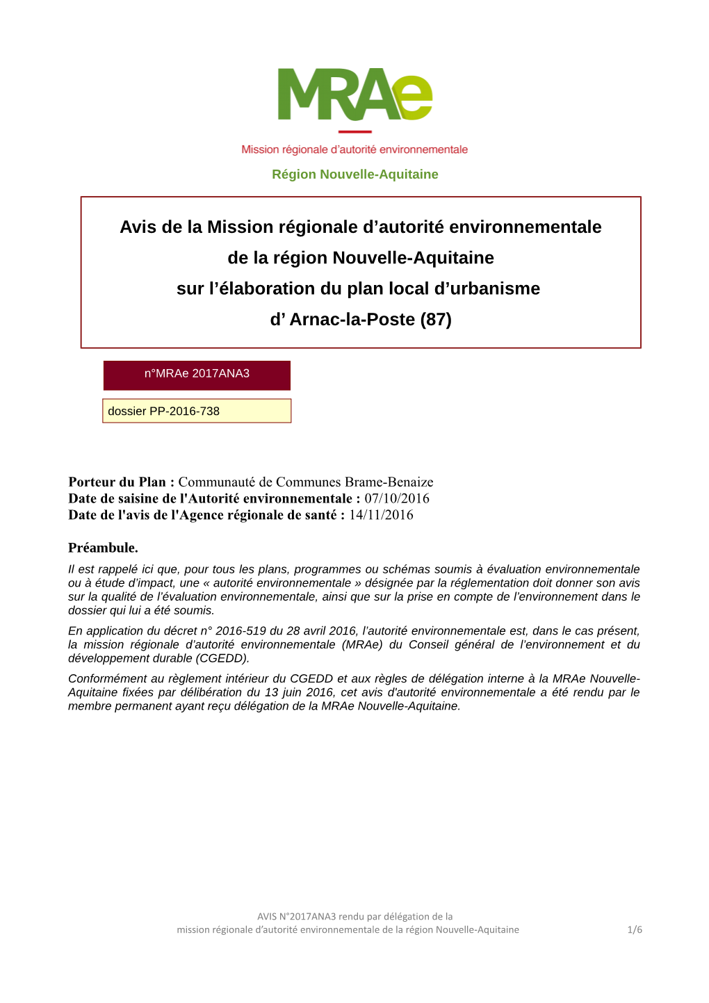 Avis De La Mission Régionale D'autorité Environnementale De La Région