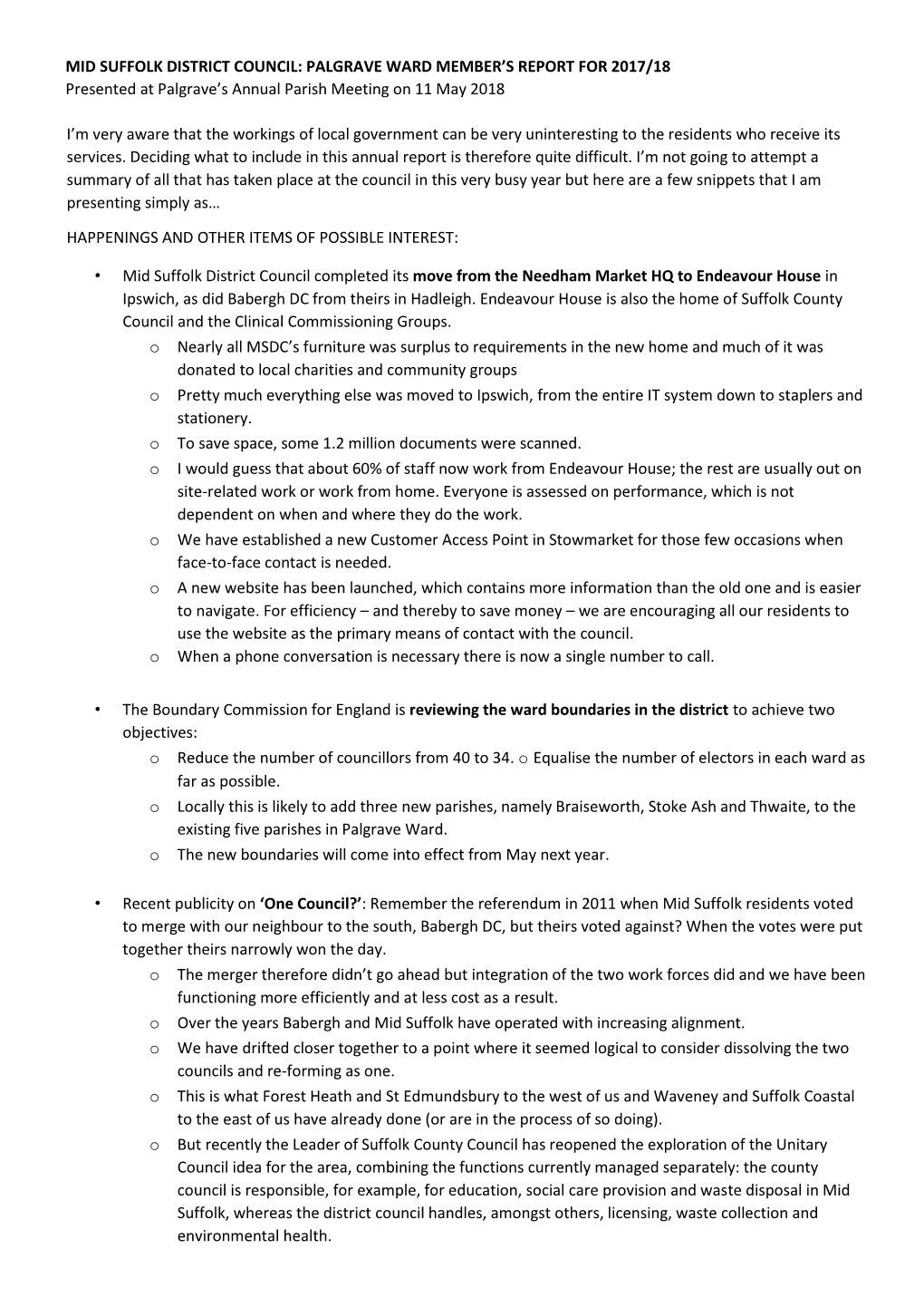 Mid Suffolk District Council: Palgrave Ward Member's